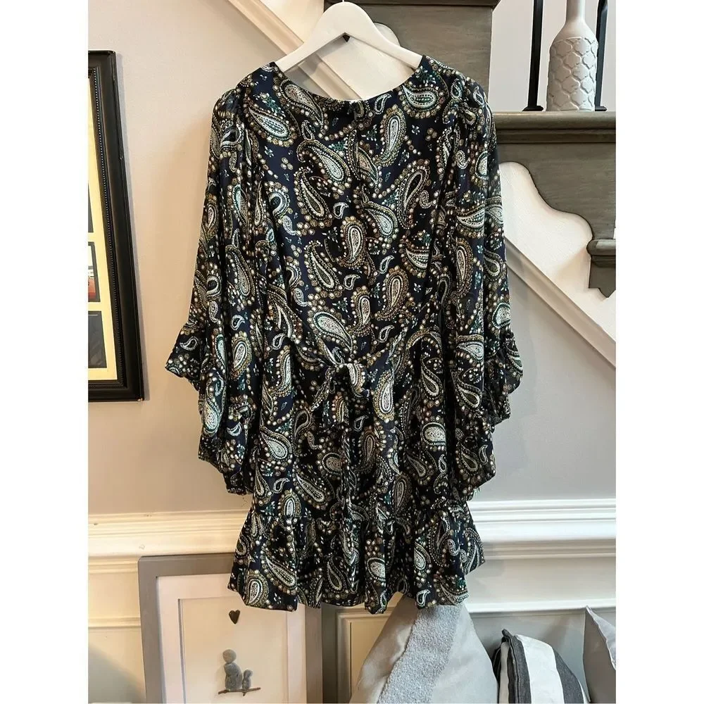 Betsey Johnson Navy Paisley Boho Wide Sleeve Back Tie Dress sz 8 EUC